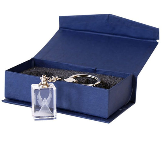 Guardian Angel Keyring with etched angel design in glass, presented in a blue gift box, offering a comforting reminder of protection and love.