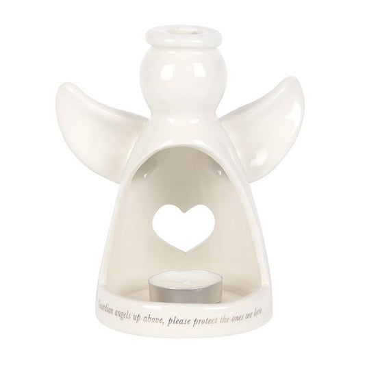 Guardian Angel Tealight Holder shaped like an angel with a heart-shaped cutout, featuring the message "Guardian angels up above, please protect the ones we love," perfect for creating a comforting, serene ambiance.