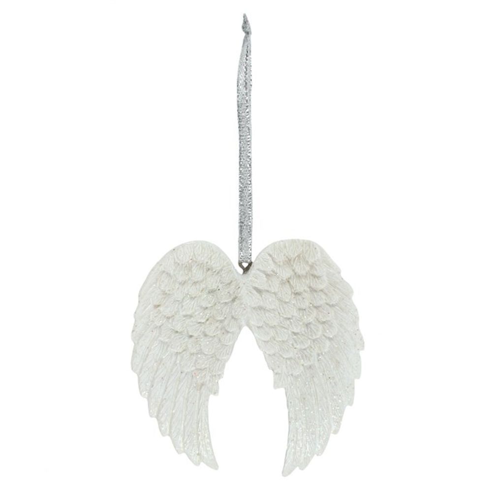 Double glitter angel wing hanging decoration with iridescent glitter and metallic silver ribbon