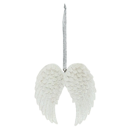 Double glitter angel wing hanging decoration with iridescent glitter and metallic silver ribbon