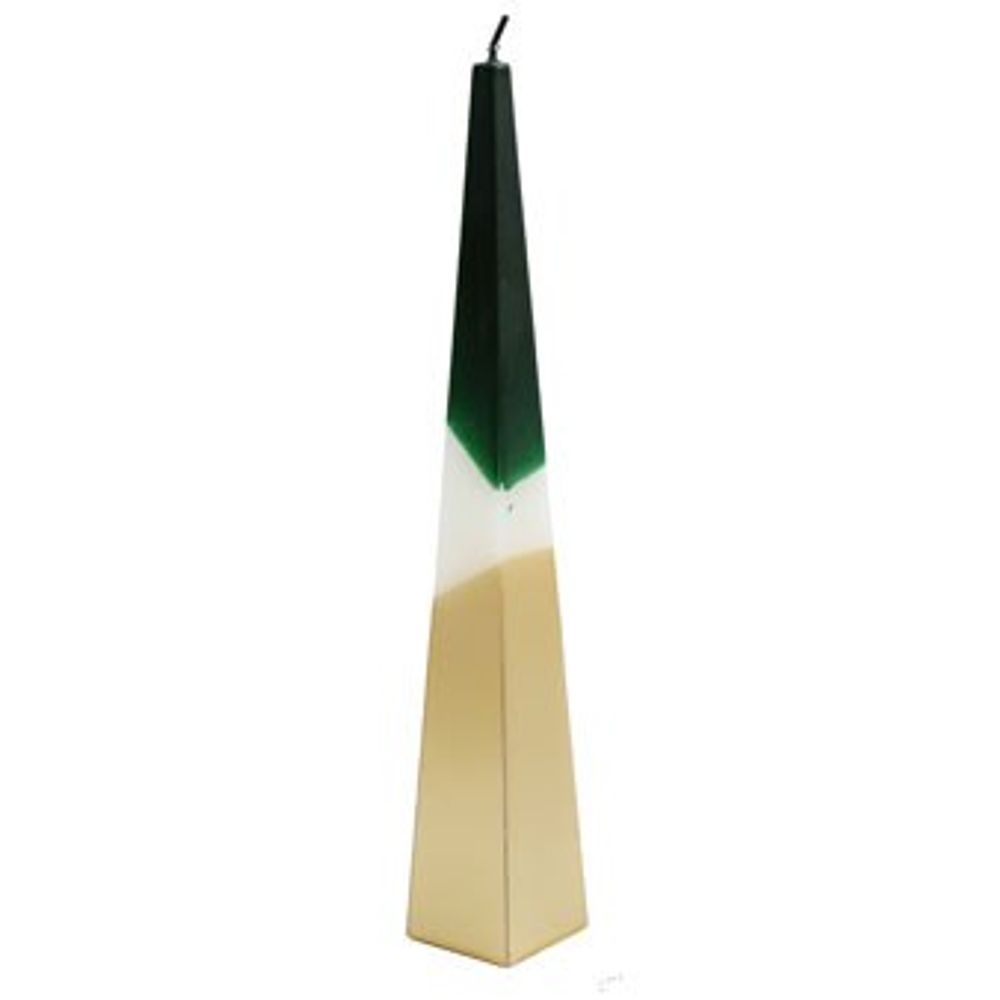 32cm tall pyramid-shaped candle with a modern green and gold dipped design, perfect for stylish home décor and creating an elegant ambiance.