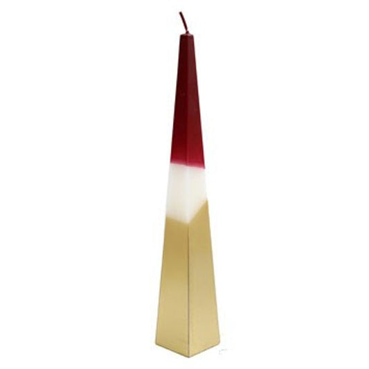 32cm Red and Gold Pyramid Candle with a modern design, featuring a striking red, white, and gold contrast, perfect for creating impactful tablescapes and enhancing home décor.