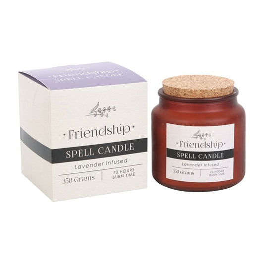 Lavender Infused Friendship Spell Candle in a frosted glass jar with cork lid, designed to attract deep connections, harmony, and positive relationships. Perfect for rituals or home décor.