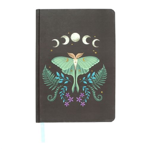 A5 notebook with a mystical luna moth design, gold foil page edges, and a ribbon marker, featuring lined pages for journaling or note-taking.