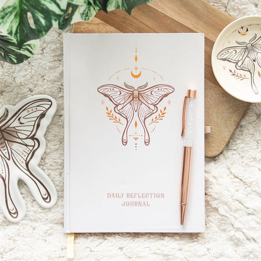 Luna Moth Daily Reflection Journal with elegant moth design, 200 printed pages, and matching clear quartz pen for clarity and positive energy.