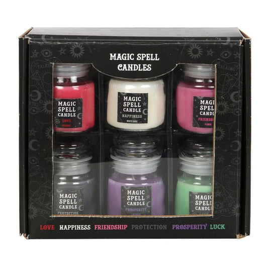 Magic Spell Candle Jar Gift Set with six mini scented candles, each representing a different intention: Love, Protection, Friendship, Prosperity, Happiness, and Luck, ideal for spellcasting or spiritual rituals.