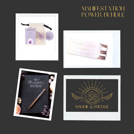 Manifestation Power Bundle with velvet journal, amethyst pen, rough crystal, and manifestation spell candles for intention-setting and abundance.