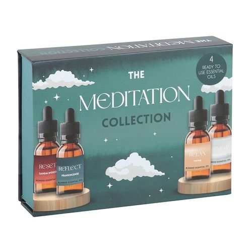 Set of four meditation-themed essential oil blends in dropper bottles, featuring calming scents like sandalwood and palo santo.

