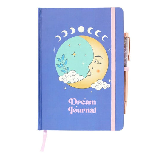 The Moon Dream Journal featuring celestial artwork with a vibrant moon design on the cover, accompanied by a luxurious amethyst pen, and 200 lined pages for reflections.