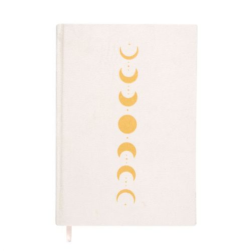 A5 velvet notebook with moon phases design in metallic gold, featuring lined pages.