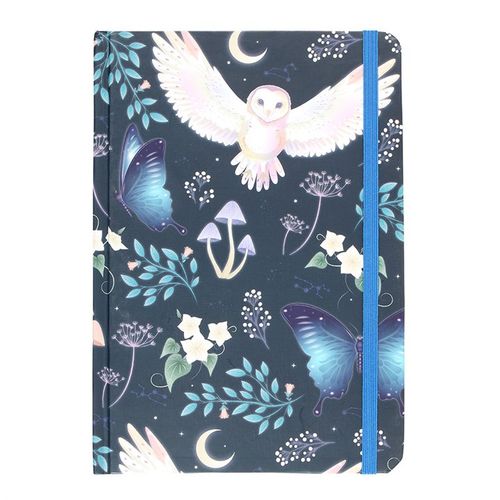 Night Flight Owl A5 Notebook with mystical design featuring a flying owl, crescent moons, and forest plants. Gold foil accents and blue elasticated closure.