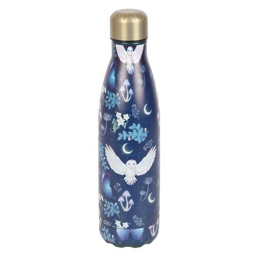 Night Flight Owl Print Metal Water Bottle with navy-blue design featuring flying owls, crescent moons, and forest plants, complete with a gold-toned screw-top lid.