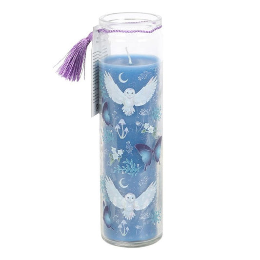 Night Owl Lavender Tube Candle with a mystical forest design, showcasing the lavender scent and decorative glass jar, ideal for relaxation and home decor.