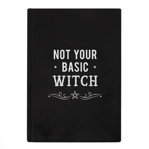 Black velvet A5 notebook with "Not Your Basic Witch" text and mystical scroll and star design in white.