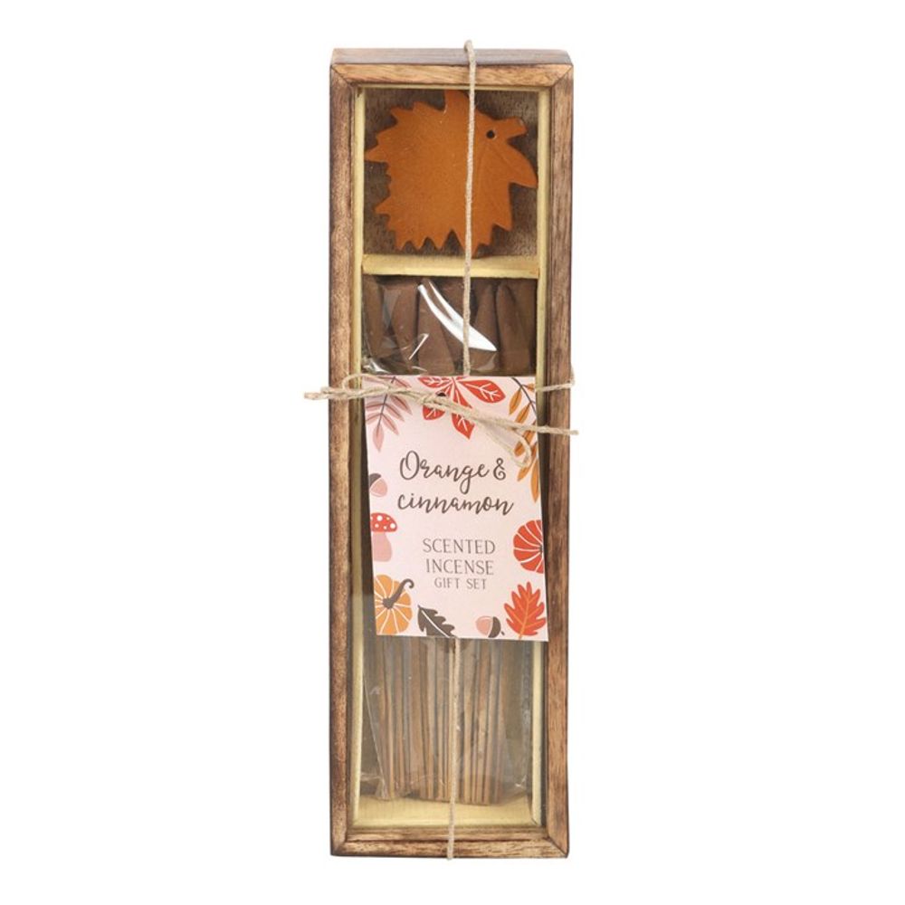 Orange & Cinnamon Incense Gift Set with scented cones and sticks, featuring a ceramic leaf-shaped incense holder, presented in a wooden storage box for a cozy, inviting fragrance.