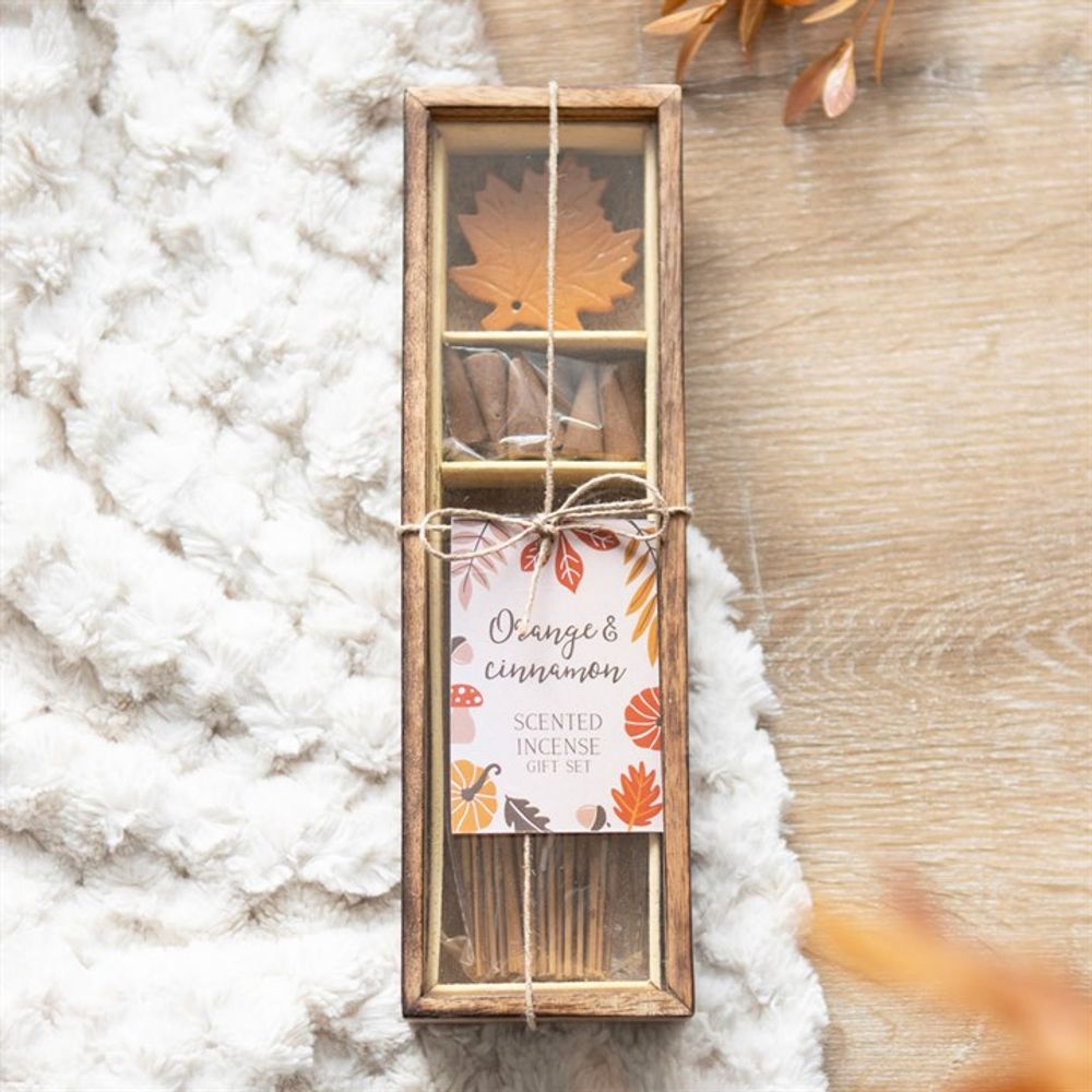 Orange & Cinnamon Incense Gift Set with scented cones and sticks, featuring a ceramic leaf-shaped incense holder, presented in a wooden storage box for a cozy, inviting fragrance.