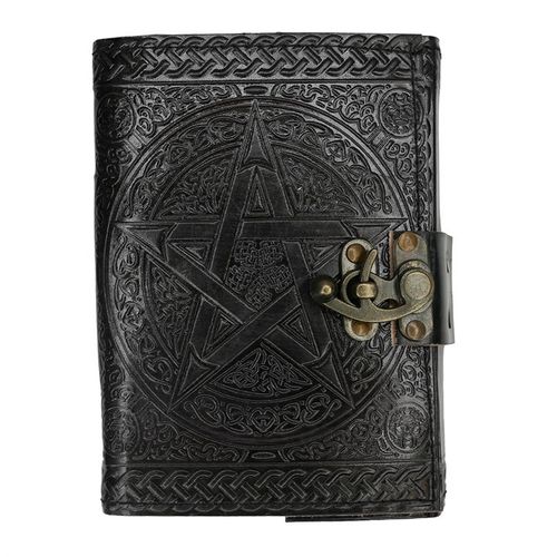 Black leather journal with embossed pentagram design, metal clasp fastening, and rustic worn appearance.