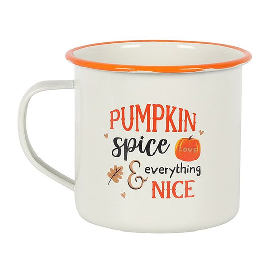 Pumpkin Spice Enamel Mug featuring the phrase 'Pumpkin spice and everything nice' with autumn foliage, perfect for cozy fall beverages.