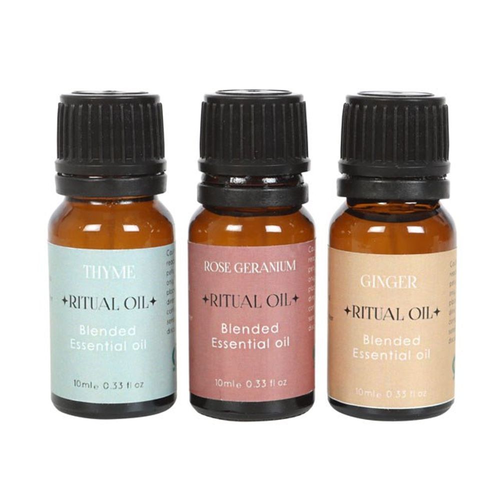 Set of 3 Love Ritual Blended Essential Oils featuring Ylang Ylang, Geranium, and Nutmeg, designed to create a romantic and serene atmosphere for rituals and relaxation.
