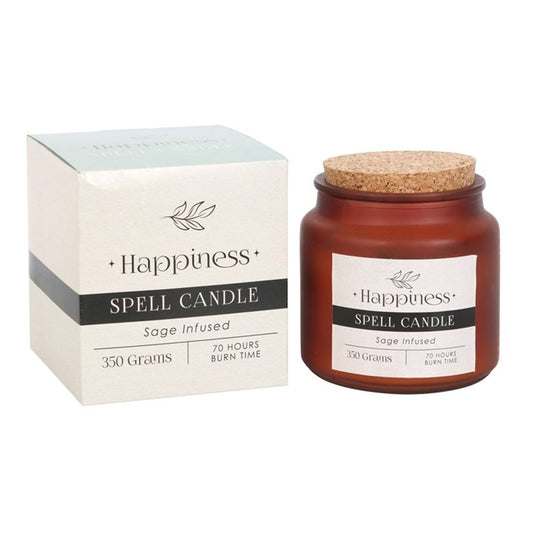 A Sage Infused Happiness Spell Candle in a frosted glass jar with a cork lid. Infused with sage, this natural wax candle is designed to attract positivity, joy, and clarity, offering a burn time of 70 hours. Ideal for manifestation rituals and creating a peaceful, uplifting atmosphere.