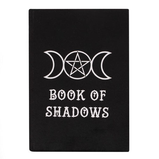 A soft black A5 Book of Shadows notebook with a white triple moon design, perfect for recording spells, potions, and shadow self work. 100 sheets, 200 lined pages.