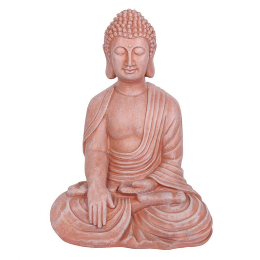 Terracotta Effect 52cm Sitting Garden Buddha statue, perfect for adding serenity and tranquility to outdoor garden spaces.