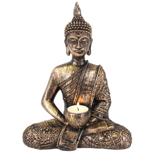 Rustic effect resin Sitting Thai Buddha Tealight Holder, detailed design perfect for creating a calming ambiance.