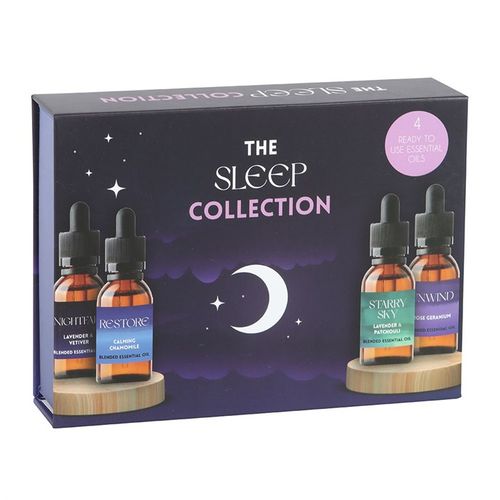Set of four sleep-themed essential oils with dropper lids in calming scents like lavender, chamomile, and patchouli.

