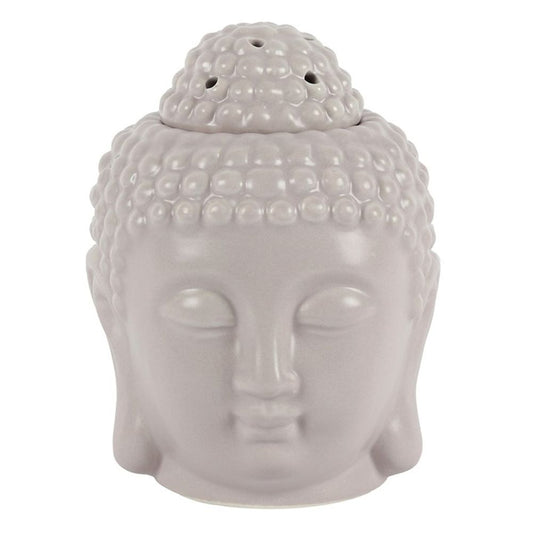 Small Grey Buddha Head Oil Burner in ceramic with a silky finish, ideal for creating a calming atmosphere with fragrance oils or wax melts.