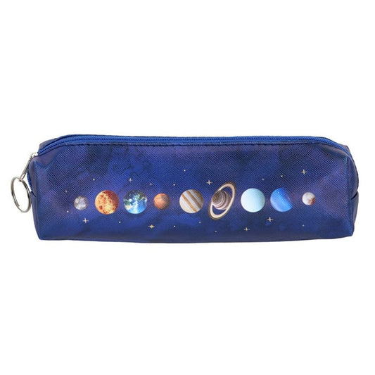 Solar System Pencil Case featuring a cosmic design with vibrant planets, gold stars, and a deep blue background, perfect for organizing stationery and essentials.