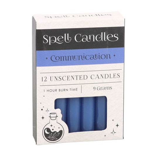 Pack of 12 Communication Spell Candles in blue, designed to enhance clarity, expression, and confidence. Each unscented candle has a 1-hour burn time, ideal for manifestation rituals.