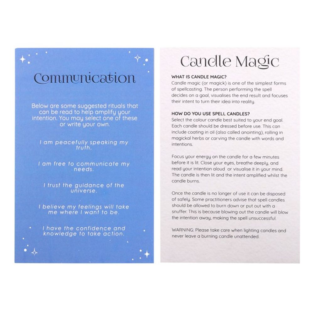 Pack of 12 Communication Spell Candles in blue, designed to enhance clarity, expression, and confidence. Each unscented candle has a 1-hour burn time, ideal for manifestation rituals.