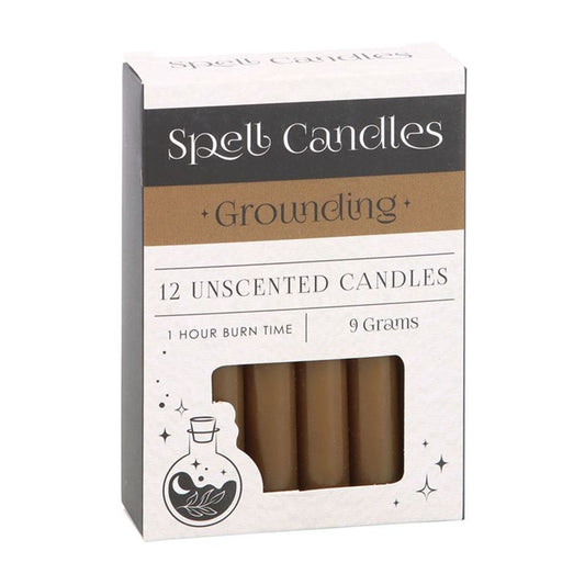 Pack of 12 Grounding Spell Candles in brown, designed to promote balance, stability, and connection to earth energy. Each unscented candle has a 1-hour burn time, perfect for grounding rituals.