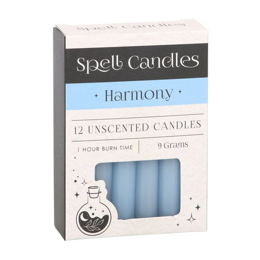 Pack of 12 Harmony Spell Candles in light blue, designed to promote balance, peace, and positive energy. Each unscented candle has a 1-hour burn time, ideal for manifestation rituals and creating a harmonious atmosphere.