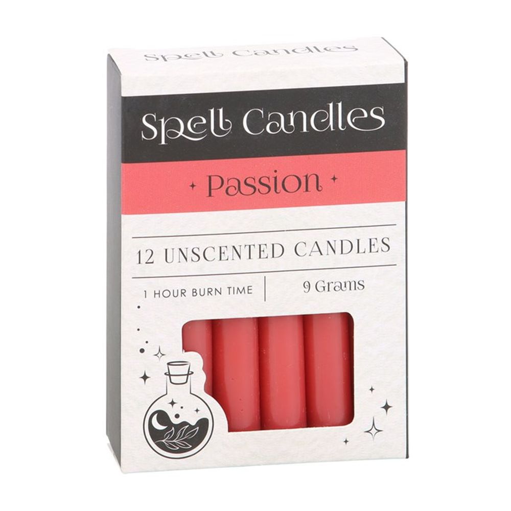 Pack of 12 Passion Spell Candles in red, designed to ignite passion, love, and creativity. Each unscented candle has a 1-hour burn time, perfect for manifestation rituals and enhancing personal energy.