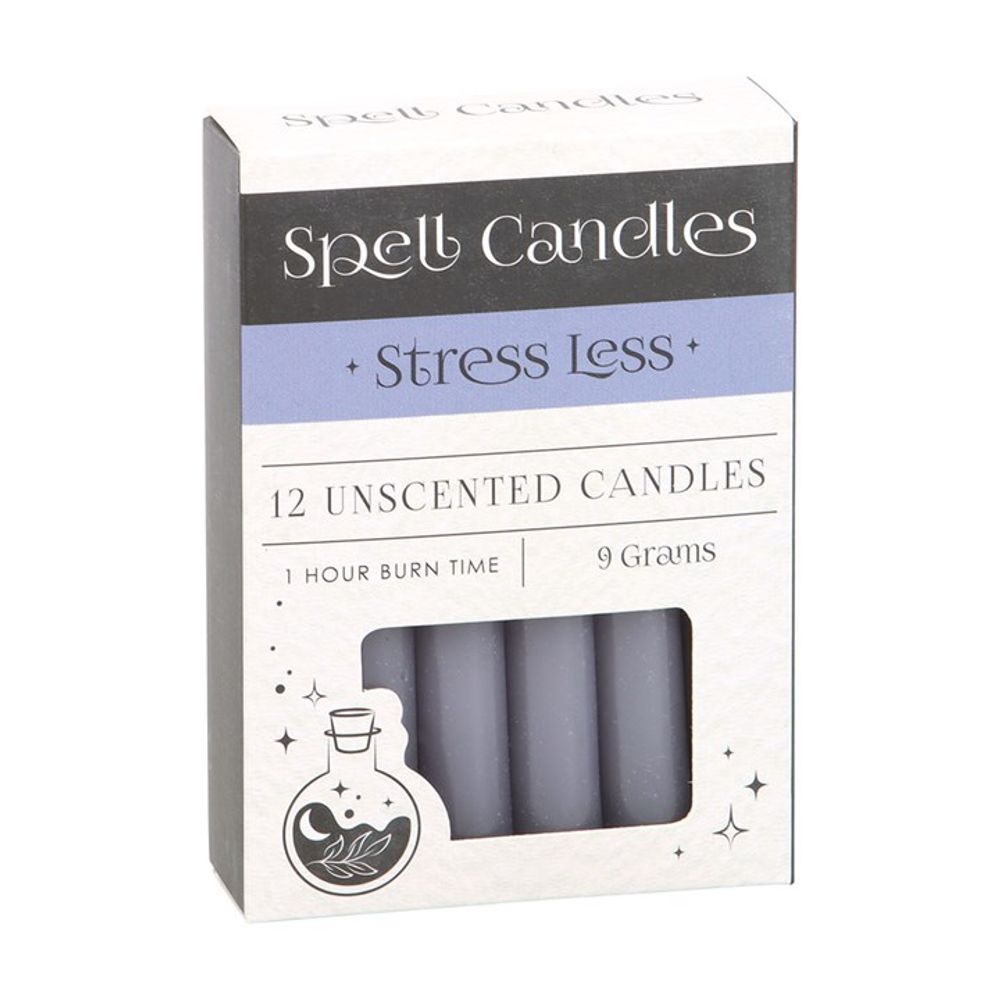 A set of 12 unscented purple Stress Less Spell Candles, designed to relieve stress and promote relaxation. Ideal for manifestation rituals, each candle has an approximate burn time of 1 hour. Perfect for creating a peaceful, calming atmosphere.