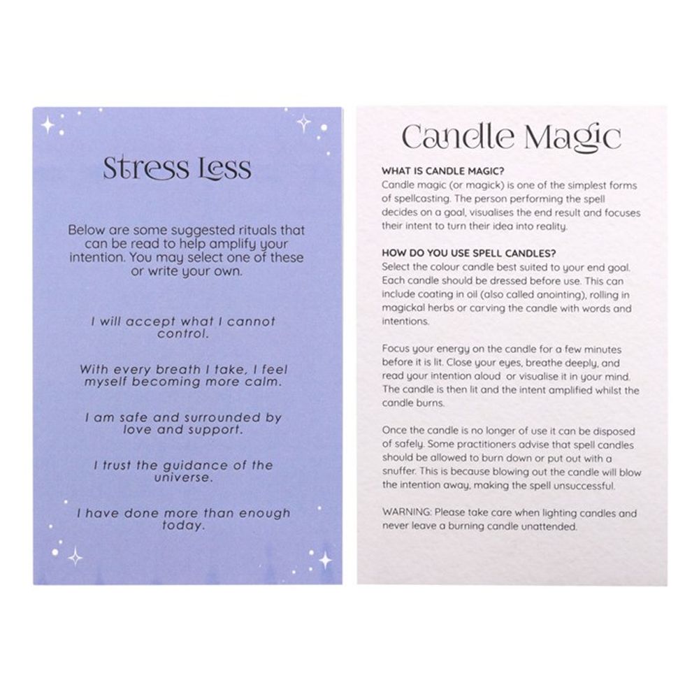 A set of 12 unscented purple Stress Less Spell Candles, designed to relieve stress and promote relaxation. Ideal for manifestation rituals, each candle has an approximate burn time of 1 hour. Perfect for creating a peaceful, calming atmosphere.