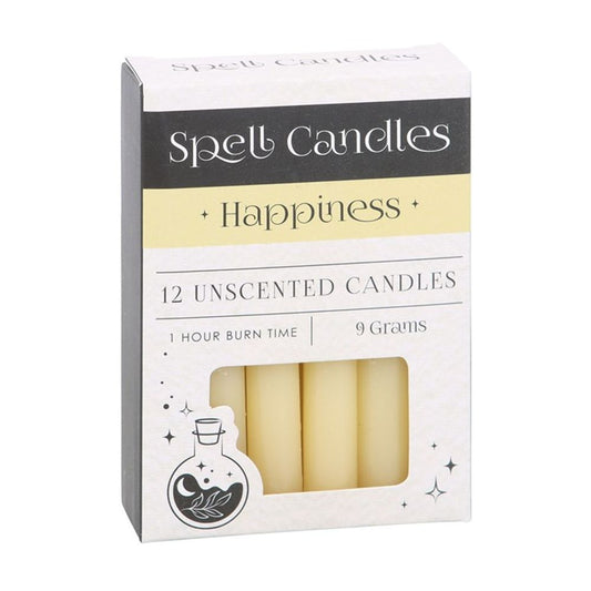 Pack of 12 Happiness Spell Candles in yellow, designed to manifest joy, love, and positivity. Each unscented candle has a 1-hour burn time, perfect for manifestation rituals and creating an uplifting atmosphere.