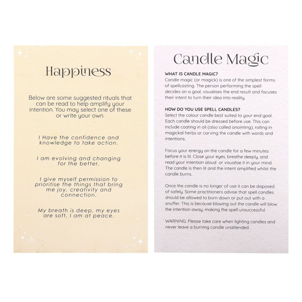 Pack of 12 Happiness Spell Candles in yellow, designed to manifest joy, love, and positivity. Each unscented candle has a 1-hour burn time, perfect for manifestation rituals and creating an uplifting atmosphere.