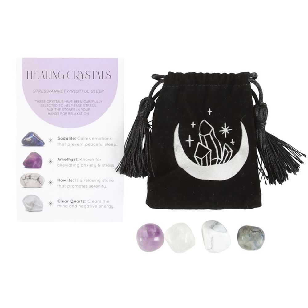 Stress Healing Crystal Set with Sodalite, Amethyst, Howlite, and Clear Quartz tumblestones, crescent moon trinket dish, and matching drawstring bag.