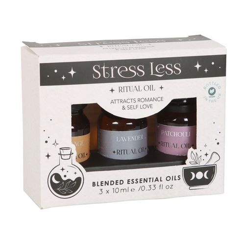 Stress Less Vibes Essential Oil Set – Set of 3 blended oils: Orange, Lavender, and Patchouli, designed to promote calmness and relaxation.

