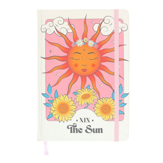 The Sun Celestial A5 Notebook featuring a colorful, cosmic design inspired by 'The Sun' tarot card, with 200 lined pages for notes, sketches, and creative ideas.