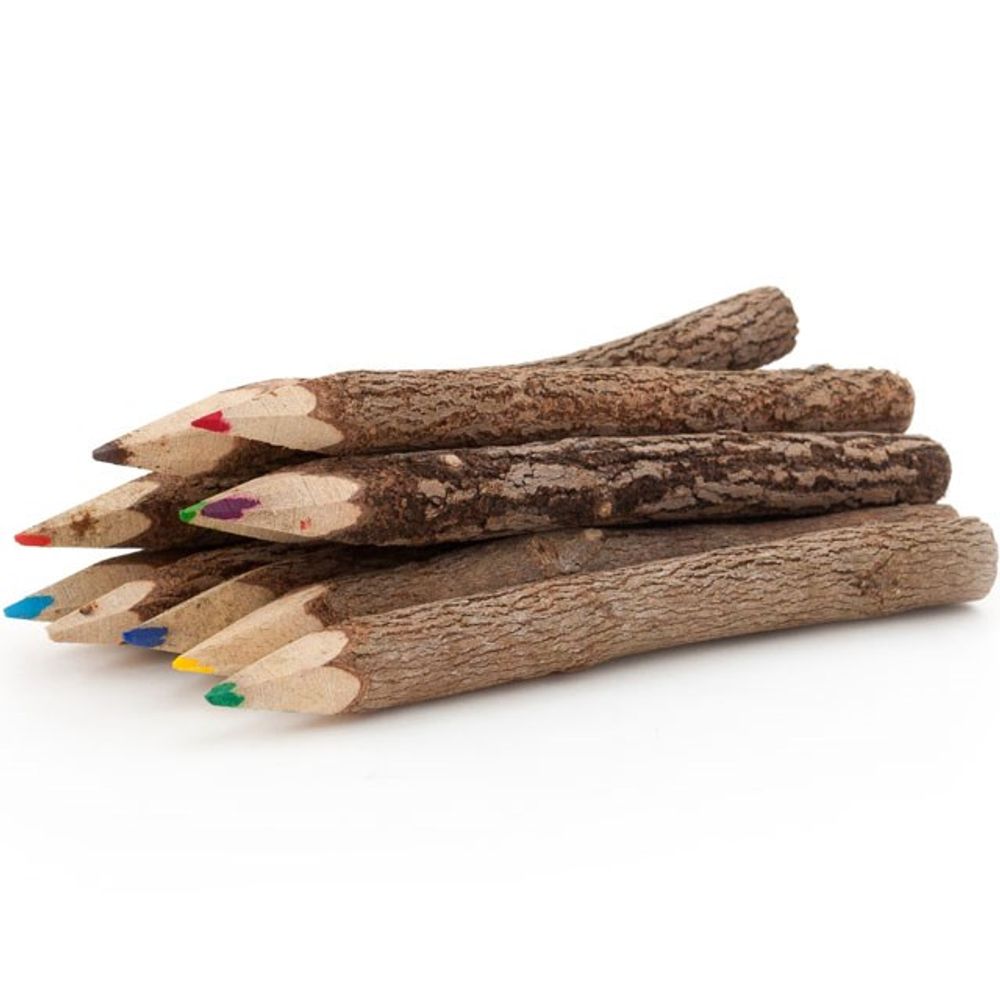 Set of six handcrafted pencil crayons made from natural twigs, packaged in a compact box.