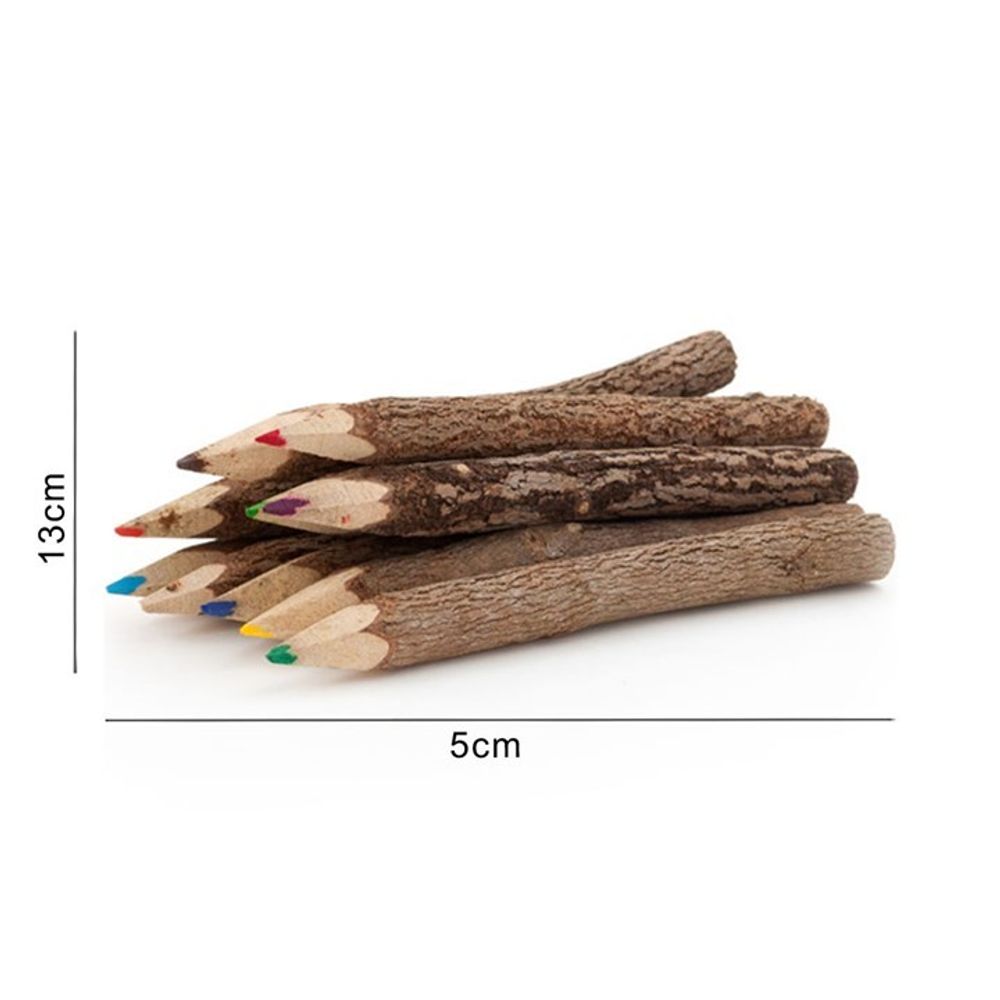 Set of six handcrafted pencil crayons made from natural twigs, packaged in a compact box.