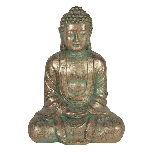 Verdigris Effect 58cm Hands in Lap Sitting Garden Buddha statue, perfect for creating a serene and peaceful outdoor meditation space.