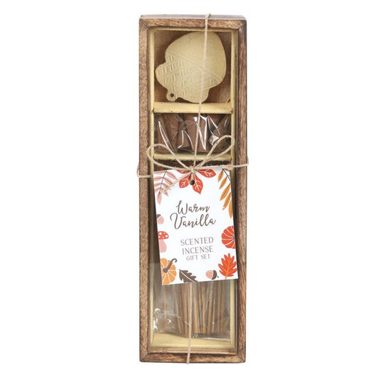 Warm Vanilla Incense Gift Set with scented cones and sticks, featuring a ceramic acorn-shaped incense holder and presented in a wooden storage box for a cozy, inviting atmosphere.