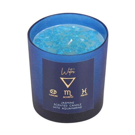 Water Element jasmine-scented candle in lidded container featuring zodiac symbols for Cancer, Scorpio, and Pisces, with approximate burn time 25 hours.