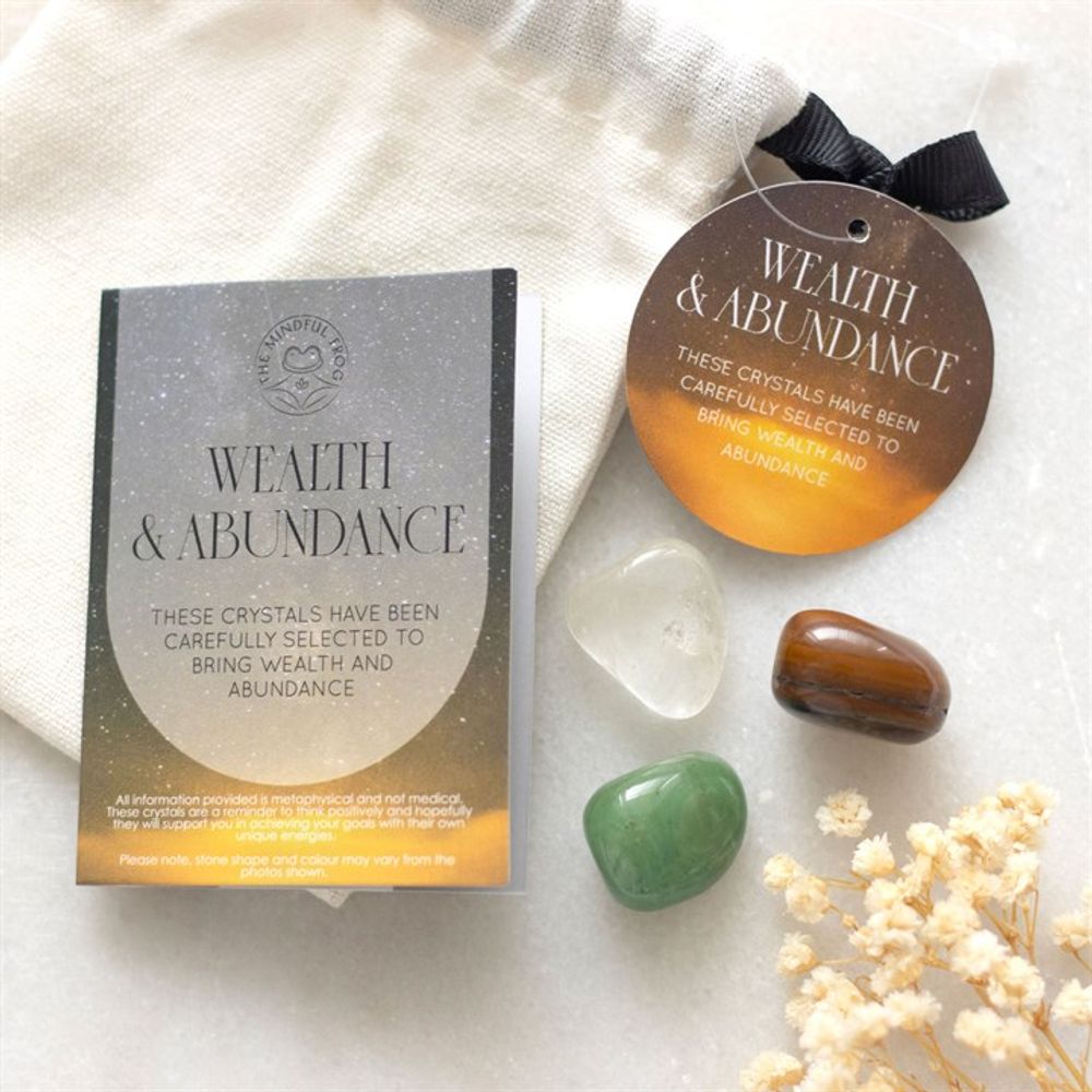 Wealth & Abundance Healing Crystal Set with Green Aventurine, Clear Quartz, and Tiger’s Eye stones in a drawstring bag, promoting prosperity, clarity, and motivation.