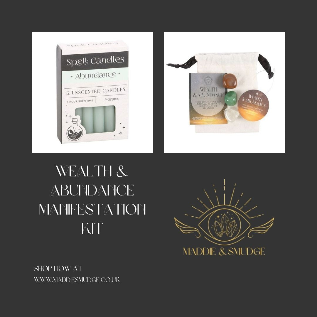 Wealth and Abundance Manifestation Kit with crystals, candles, and storage bag. Perfect for attracting prosperity and success.