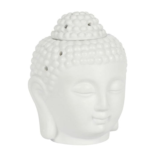 Matte white Buddha head oil burner with a serene design, perfect for essential oils or wax melts.